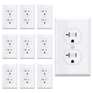 20A Duplex Electrical Receptacle Outlet with Self-Grounding, Wall Plate Included, UL Listed in White - (10-Pack)