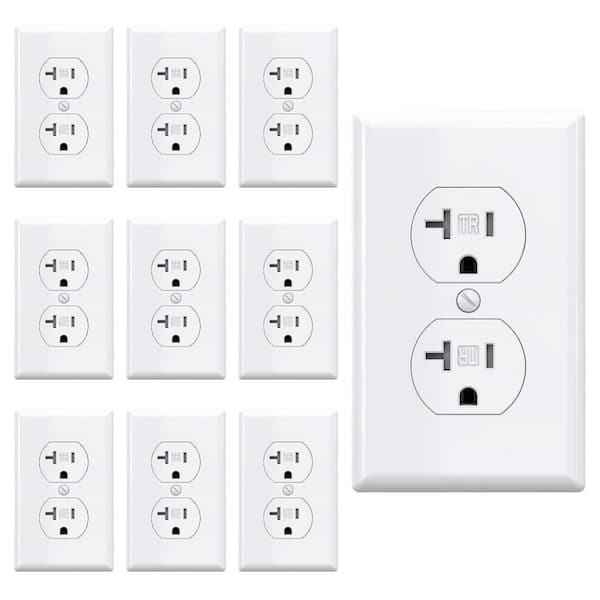 Lukyamzn 20A Duplex Electrical Receptacle Outlet with Self-Grounding, Wall Plate Included, UL Listed in White - (10-Pack)