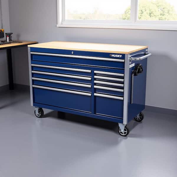 52 in. W x 25 in. D 10-Drawer Mobile Workbench Tool Chest with Solid Wood Work Top in Gloss Blue