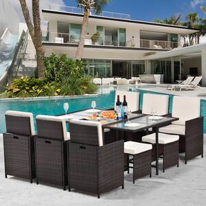 11-Piece Wicker Outdoor Dining Set with Beige Cushions