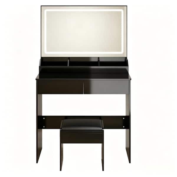 Black MDF Large LED Mirror Makeup Vanity Set with Soft Cushion Stool, 3 colors,Dressing Vanity Table with Storage