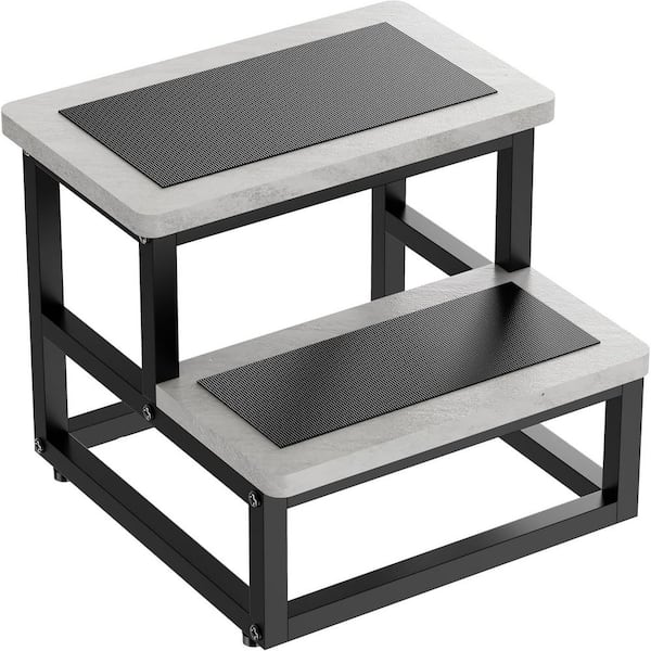 Heavy Duty Non-Slip Metal Wooden 2 Step Stool for High Beds Kitchen 500 lbs. Capacity Cement Gray