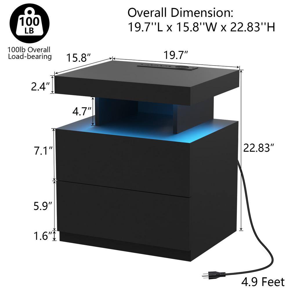 Modern Black 2-Drawer Nightstand with Wireless Charging and LED Light