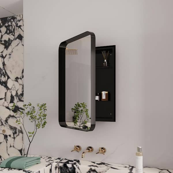 15.8 in. W x 23.6 in. H Recessed Rectangular Black Metal Medicine Cabinet with Mirror