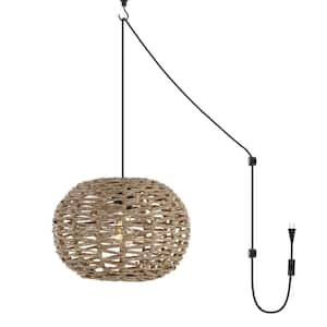 Isla 14 in. 1-Light Farmhouse Coastal Rattan 180 in. Cord Plug-In or Hardwired LED Pendant, Brown