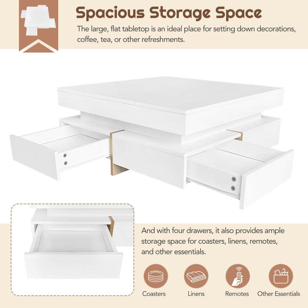 White High Gloss Square Coffee Table with Storage Drawers