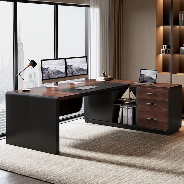 Lanita 80.7 in. L-Shaped Walnut and Black Wood 3-Drawer Executive Desk with Storage Shelves