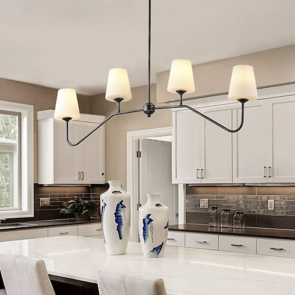 48 in. 4-Light Kitchen Island Linear Chandelier Classic Matte Black Pendant Light with Glass Shade