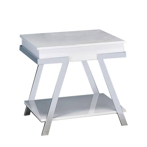 Benjara 26 in. White and Chrome Rectangle Wood End/Side Table with Steel Frame