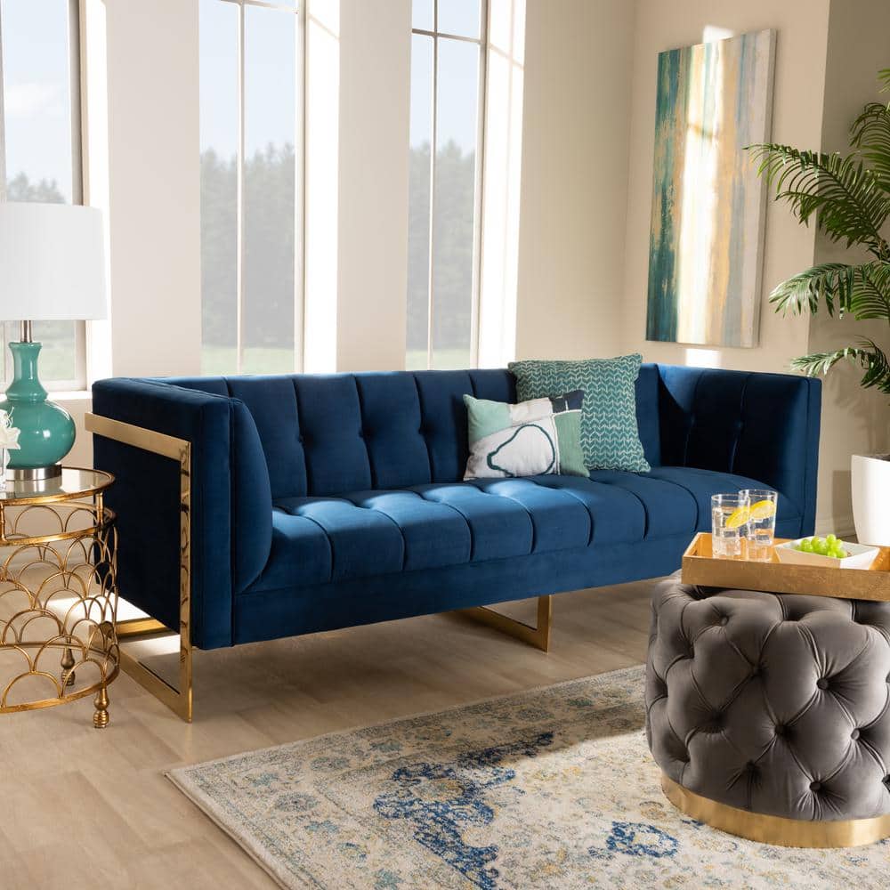 Royal Blue Velvet Tufted Sofa with Gold-Tone Metal Frame 84.6"
