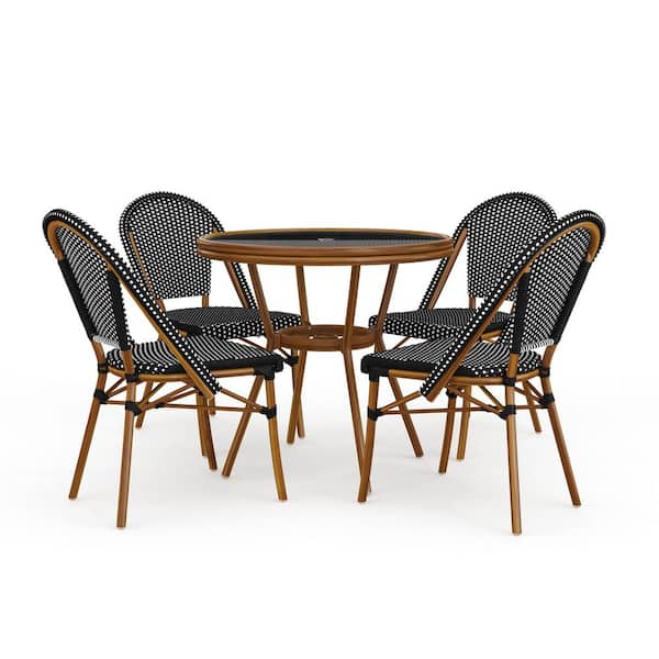 Lily Pond Black/White with Natural Woodgrain Aluminum 31.5 in. Round Outdoor Bistro Dining Table with 4 Bistro Chairs