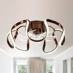 20 in. Integrated LED Indoor Brown Futuristic Modern Flush Mount Low Profile Ceiling Fan with Light, APP Remote Control