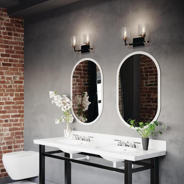 KICHLER Harvan 15 in. 2-Light Black Vintage Bathroom Vanity Light with Clear Ribbed Glass