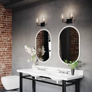 Harvan 15 in. 2-Light Black Vintage Bathroom Vanity Light with Clear Ribbed Glass