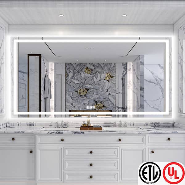 96 in. W x 48 in. H Rectangular Frameless LED Light Anti-Fog Wall Bathroom Vanity Mirror with Backlit and Front Light