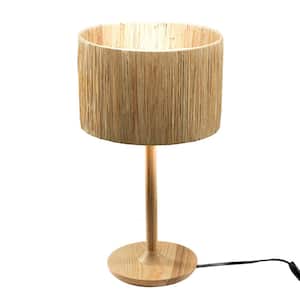 21 in. H Natural Solid Wood Table Lamp with In-Line Switch Control and Grass Made-Up Lampshade