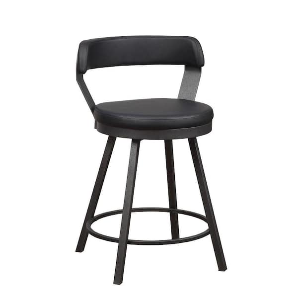 Benjara 25.25 in. Dark Gray Low Back Metal Frame Counter Height Stool Chair with Black Faux Leather Seat (Set of 2)