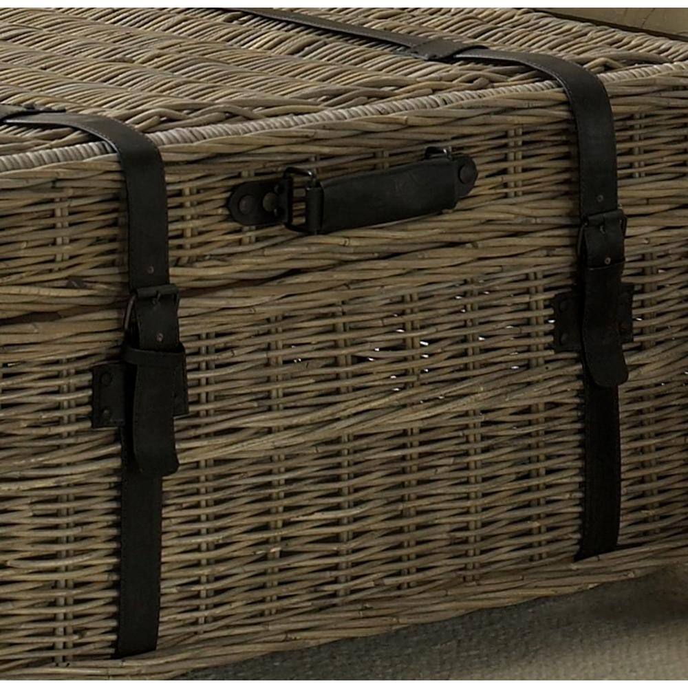 Gray Wicker Rectangular Coffee Table Trunk with Leather Accents