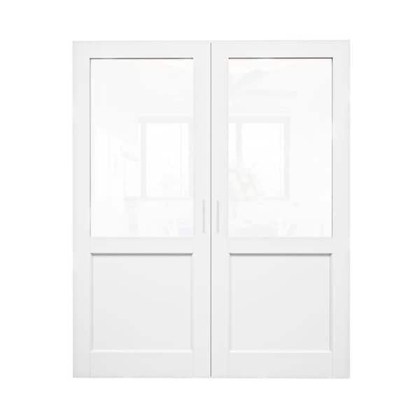 ARK DESIGN 60 in. x 80 in. 1/2 Lite Clear Glass White Solid Core French Door without Jamb Double Interior Door Slab with Ball Catch