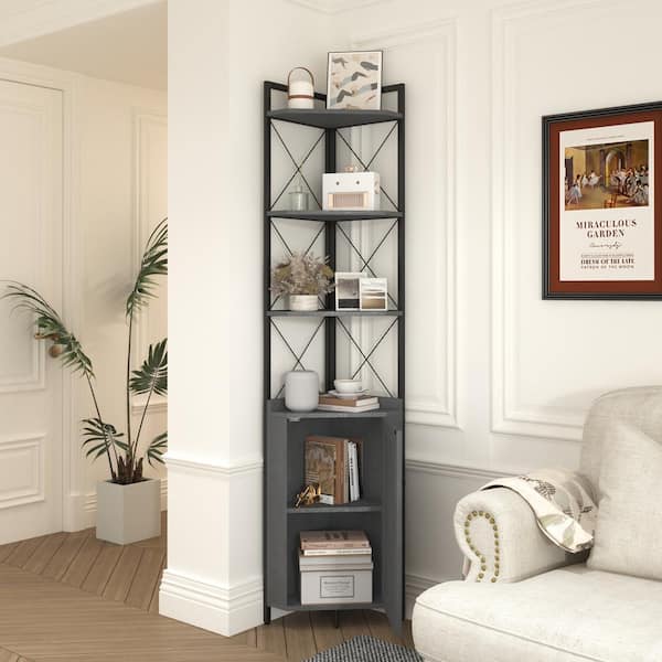 Black Corner Shelf Stand for Living Room-Wood Corner Shelving Unit 5 Tier  Corner Shelves for Bathroom/Bedroom/Kitchen. Tall Corner Bookshelf Multi