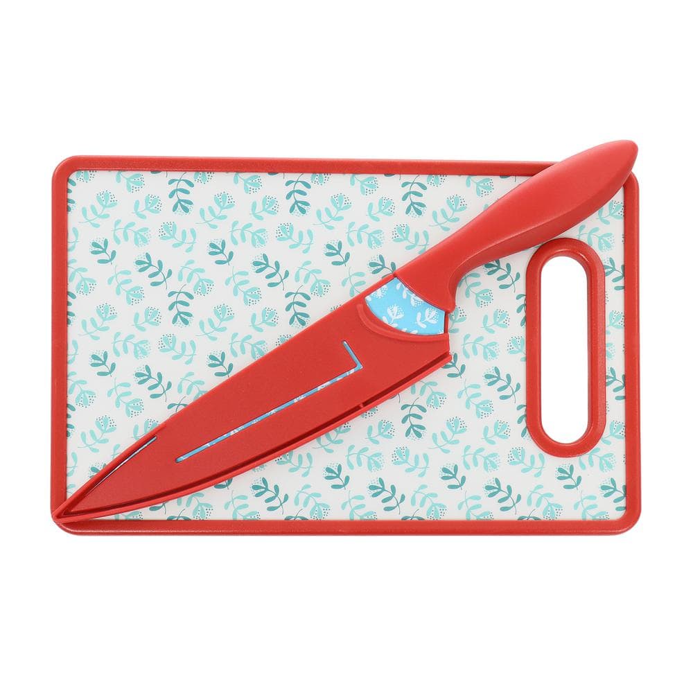 Gibson Home Village Vines 3 Piece Plastic Cutting Board and Knife Set in Red and Blue