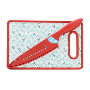 Village Vines 3 Piece Plastic Cutting Board and Knife Set in Red and Blue
