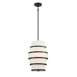 Cascade 3-Light Black Shaded Pendant Light with White Linen Shades