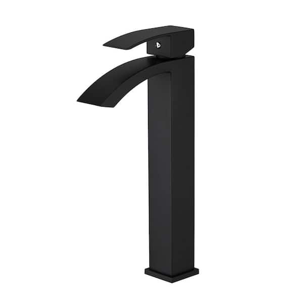 FLG Single Handle Waterfall Bathroom Vessel Sink Faucet Zinc Alloy Modern Deck Mount Bathroom High Tall Taps in Matte Black