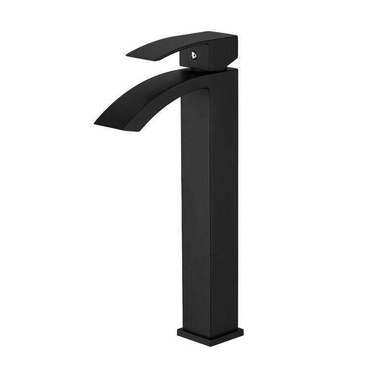 FLG Single Handle Waterfall Bathroom Vessel Sink Faucet Zinc Alloy Modern Deck Mount Bathroom High Tall Taps in Matte Black