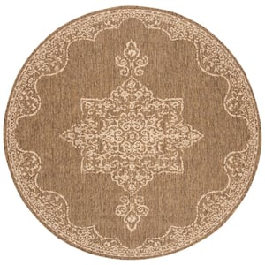 Beach House Cream/Beige 4 ft. x 4 ft. Solid Medallion Floral Indoor/Outdoor Patio  Round Area Rug