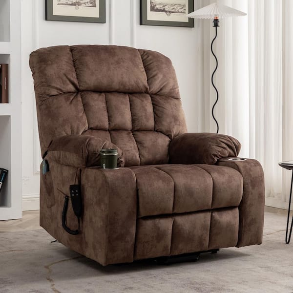180° Lay Flat Dual Motor 25.59 in. Extra Wide Brown Short Plush Power Recliner Chair with Heat and Massage