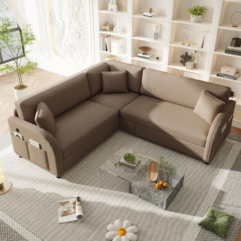 Brown 85.1 in. Convertible Flared Arm Sherpa Fleece L-Shaped Sofa with Pull-Out Bed, Side Pocket and USB Port