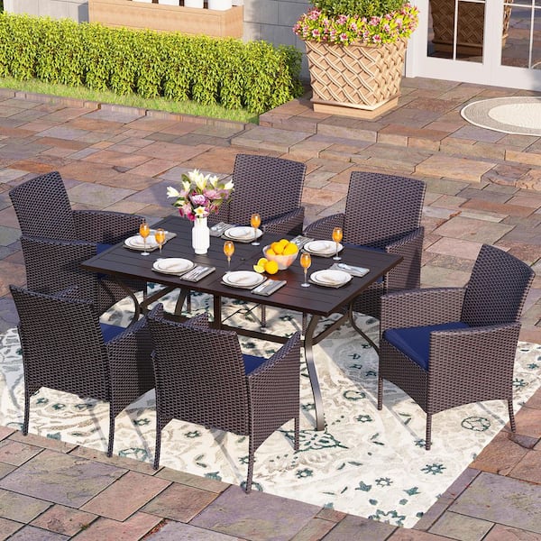 PHI VILLA Black 7-Piece Metal Patio Outdoor Dining Set with Slat Table and Rattan Chairs with Blue Cushion