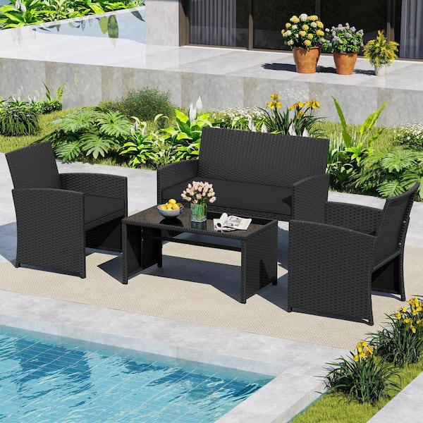 4-Pieces Patio Conversation Set with Seat Cushions and Tempered Glass Tabletop, Porch Black+Black