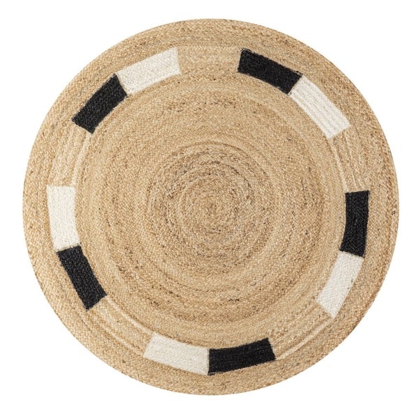 Porto Geometric Jute Circle Natural/Cream/Black 4 ft. Round Area Rug