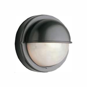 Mesa II 7 in. 1-Light Black Round Bulkhead Outdoor Wall Light Fixture with Ribbed Acrylic Shade