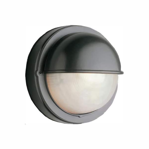 Bel Air Lighting Mesa II 7 in. 1-Light Black Round Bulkhead Outdoor Wall Light Fixture with Ribbed Acrylic Shade