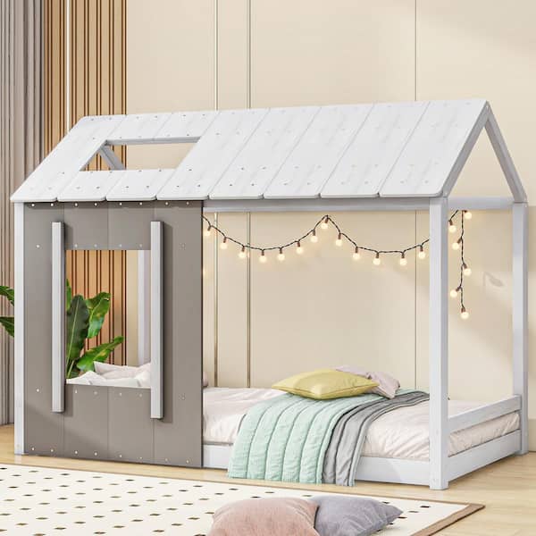 Wood Frame Twin Size House Platform Bed ,White+Antique Grey