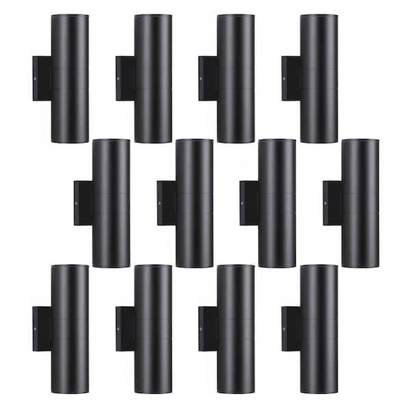 Black Outdoor Hardwired Cylinder Wall Light Lantern Sconce with Integrated LED Up Down Lights (12-Pack)