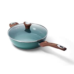 PC-016G-300 11 in. Aluminum Non Stick Deep Frying Pan, Green, With Wood Lid, 1 -Pack
