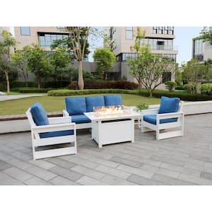 Cortina 25 in.(H) x 45 in.(W) White 4-Piece Plastic Patio Fire Pit Deep Seating Set with Navy Cushions