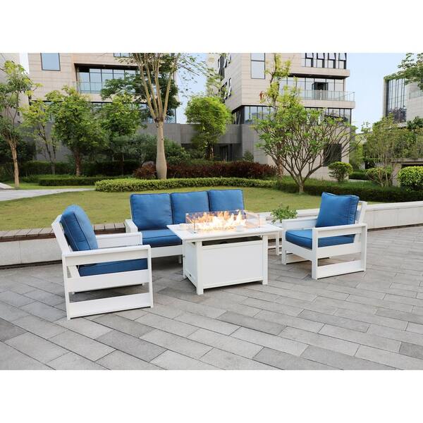 LuXeo Cortina 25 in.(H) x 45 in.(W) White 4-Piece Plastic Patio Fire Pit Deep Seating Set with Navy Cushions