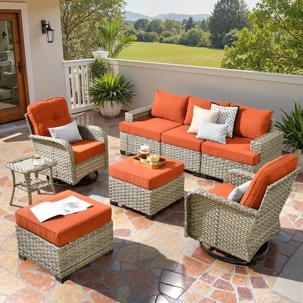 Essence 8 Pieces Wicker Outdoor Patio and Swivel Rocking Chairs with Orange Red Cushions