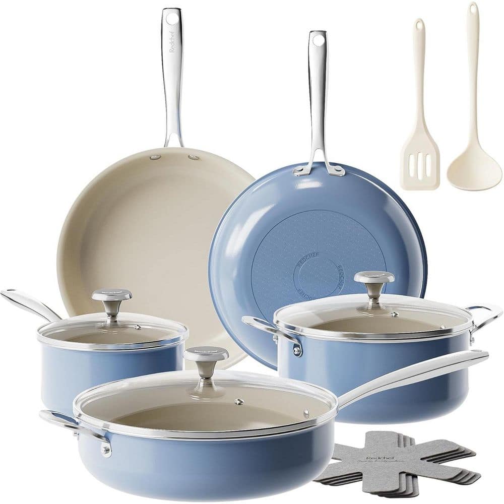 Light Blue Cookware LAIFUCAM Aluminum 14-Piece Blue Ceramic Nonstick Cookware Set Induction ...