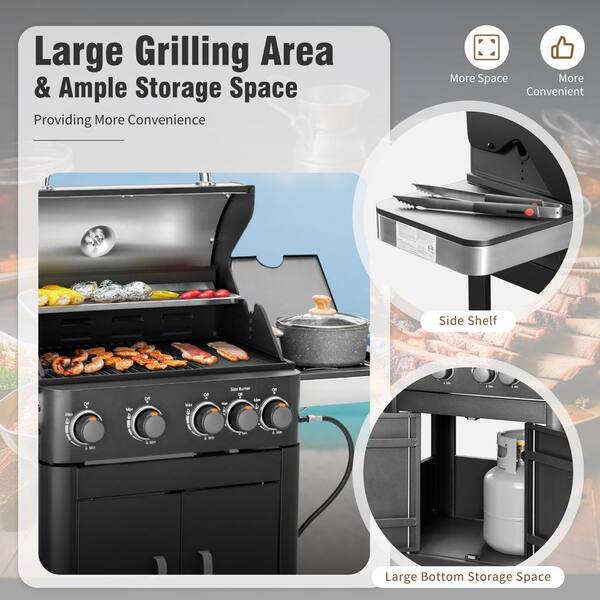 PHI VILLA 4 Burner Propane Gas Grill and Griddle Combo in Black with Cooking Grates Plate and Side Burner THD E02GR022