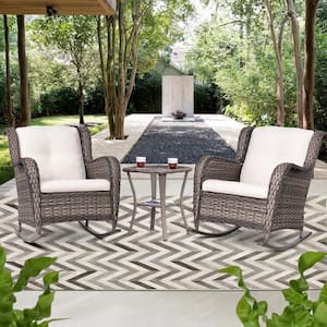 3-piece Brown Wicker Patio Outdoor Rocking Chair with Beige Premium Fabric Cushions and Matching Side Table