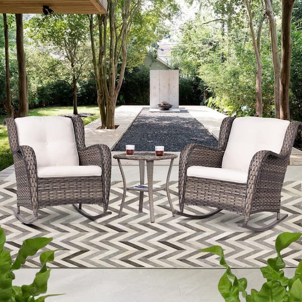 Unbranded 3-piece Brown Wicker Patio Outdoor Rocking Chair with Beige Premium Fabric Cushions and Matching Side Table