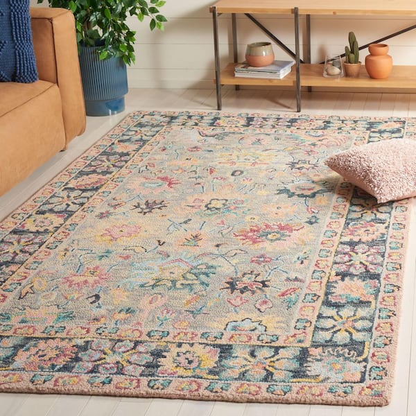 Blossom 2 ft. x 3 ft. Gray/Pink Oriental Border Area Rug