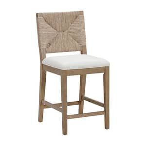 Beacon 24 in. Bohemian Boucle Upholstered Wood Counter Height Bar Stool w/ Woven Back, Cream Boucle/Light Brown