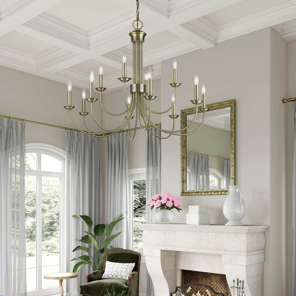 Antique Brass 12-Light Large 2-Tier Chandelier